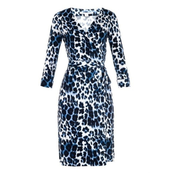 Diane Von Furstenberg DVF Wrap Dress Julian Silk Heritage Snow Cheetah Blue 2 - Picture 1 of 6